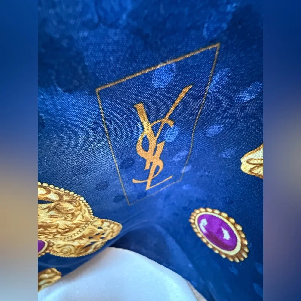Yves Saint Laurent Royal Blue and Gold Patterned Scarf